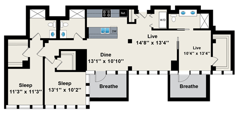 Floor plan for 3 beds, 3 baths, 1539 sqft